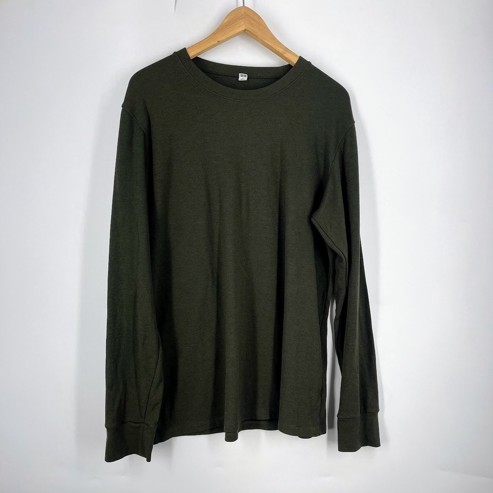 Uniqlo Men's Waffle Crew Neck Long Sleeve T-Shirt Olive Green Size L Large